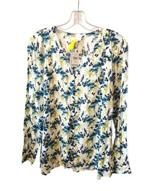 NWT J.Jill Women's Floral Bird Print Button Front Blouse Long Sleeve Size XS